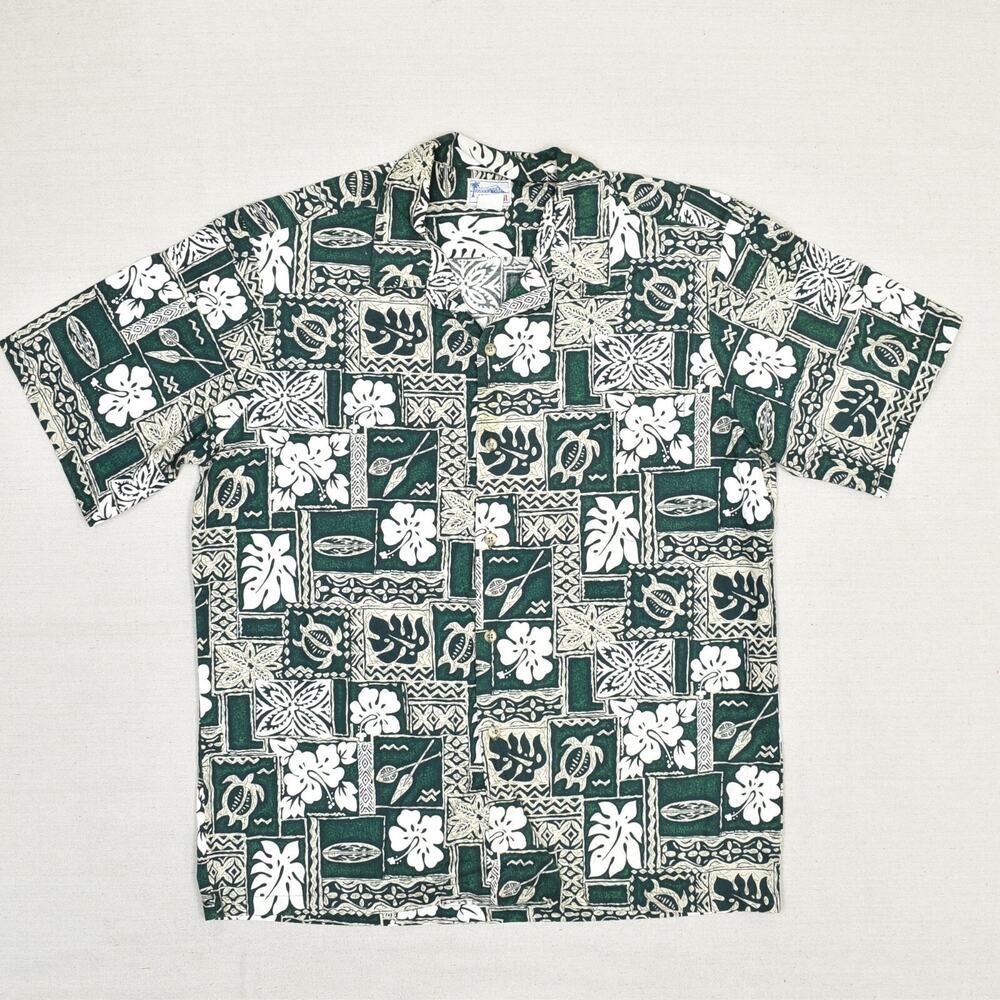 Hawaii Men's Button Down Shirt Tropical Short Sleeve Cotton Green Size XL USA